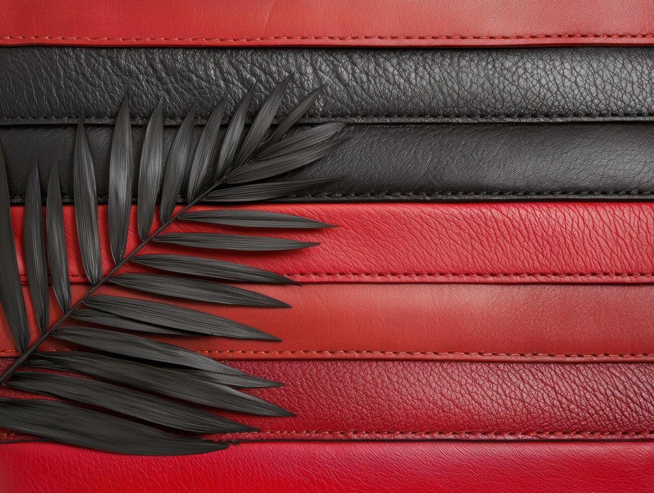 Black palm leaf on red and black leather background photo
