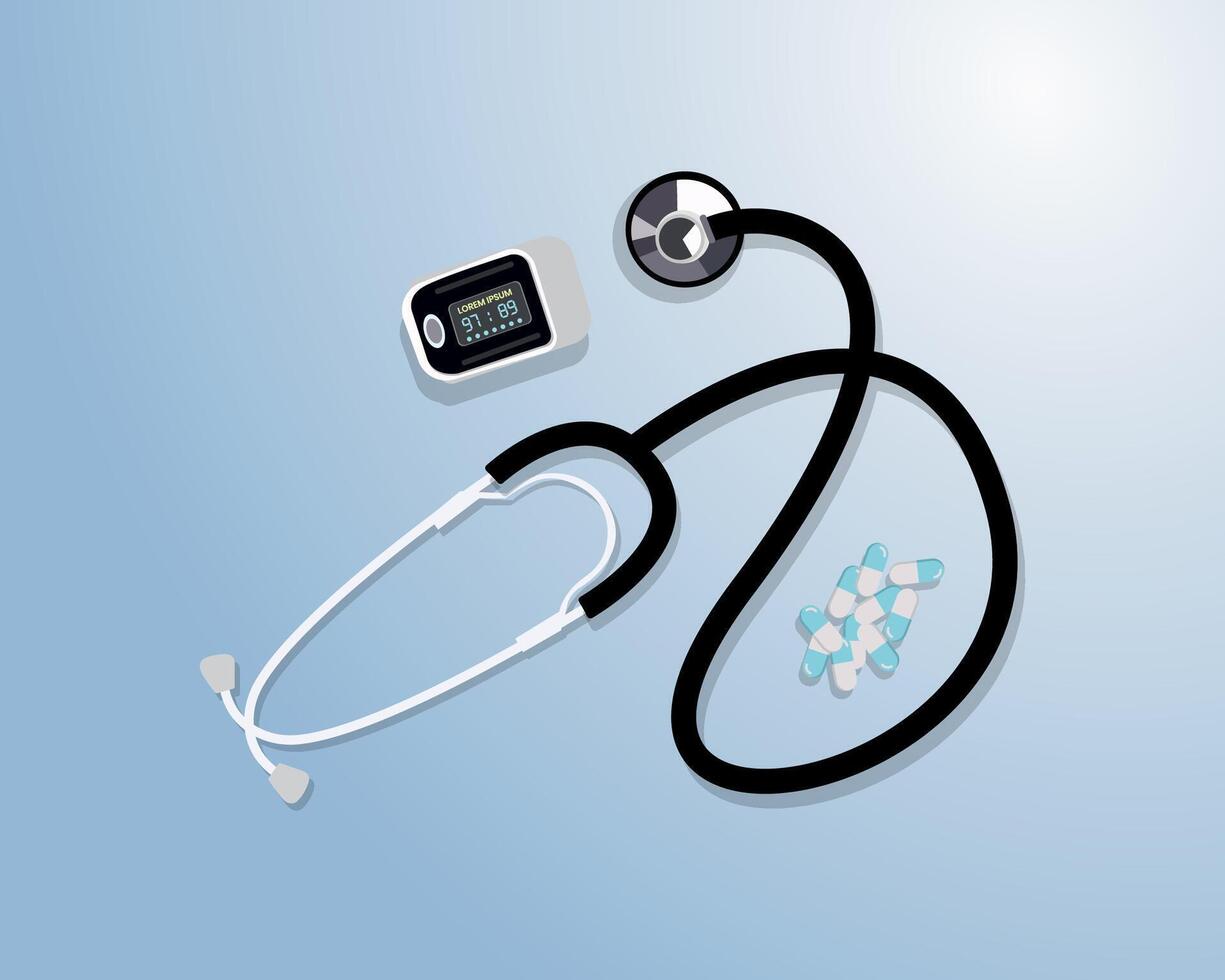 stethoscope and digital thermometer on blue background. vector