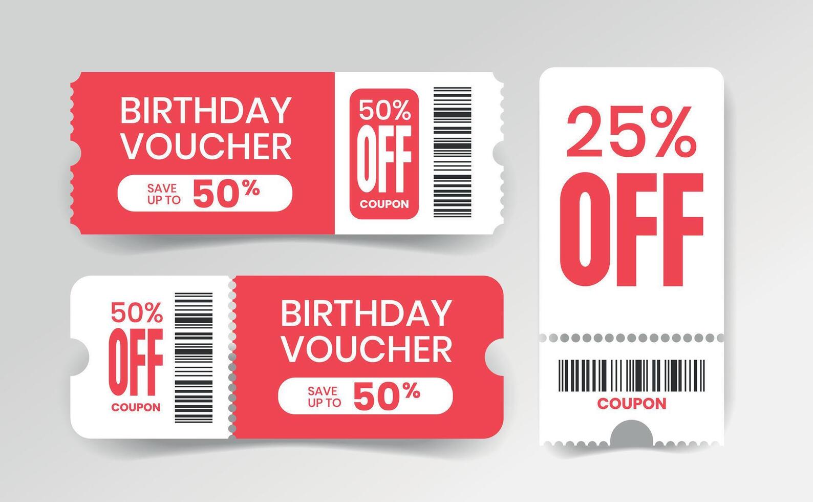 three birthday voucher designs with the words discount 50. red and white designs vector