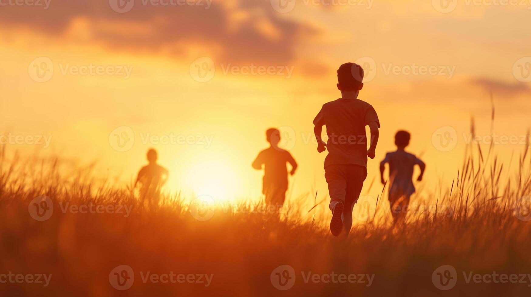 Children Running in Park at Sunset with Warm Orange Sky and Silhouette, Family Outdoor Activity, Carefree Childhood Moments, Golden Hour, Joyful Evening Adventure photo