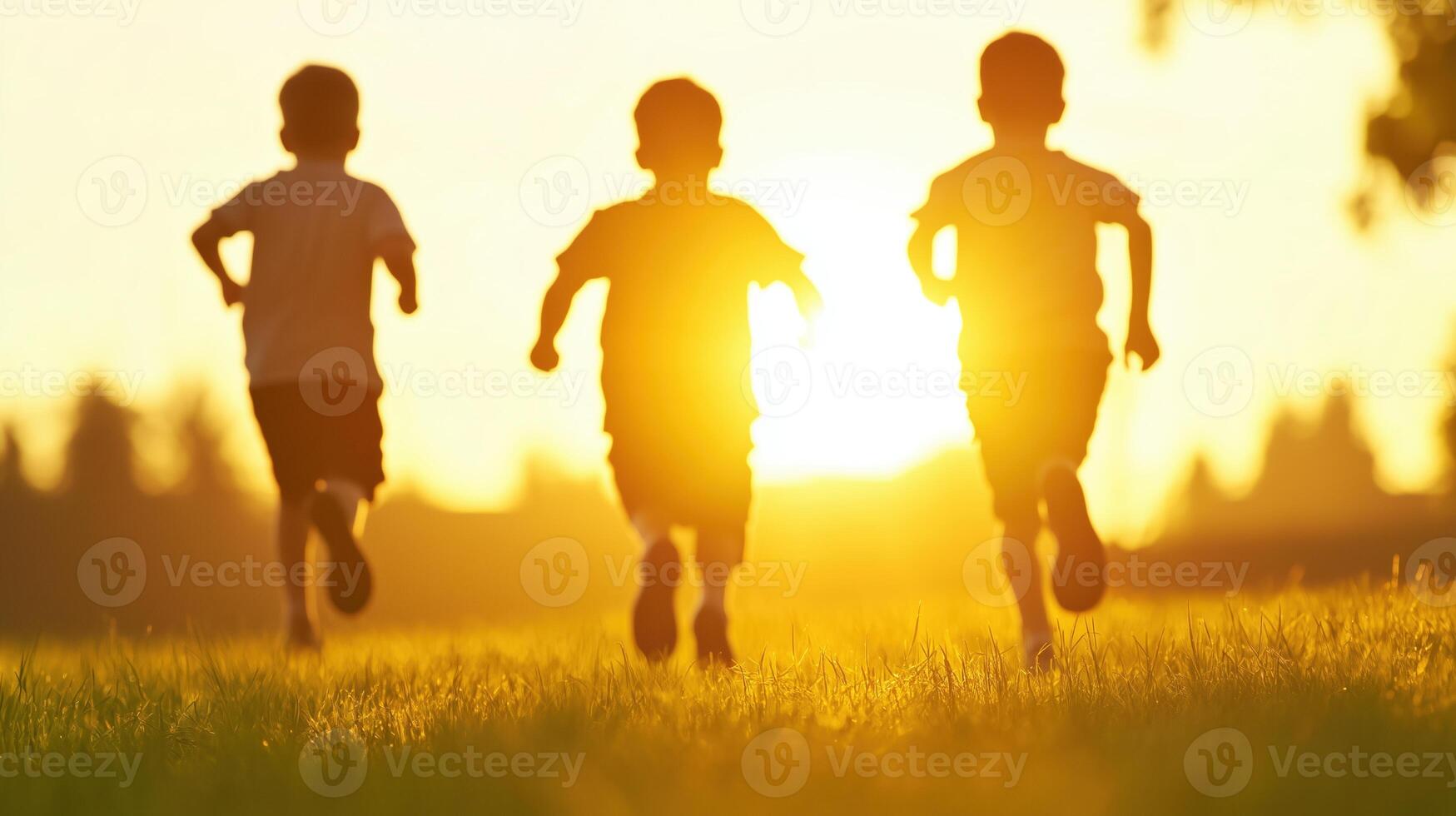 Children Running in Park at Sunset Capturing Joyful Childhood Moments and Family Bonding During Golden Hour in a Tranquil Nature Setting photo