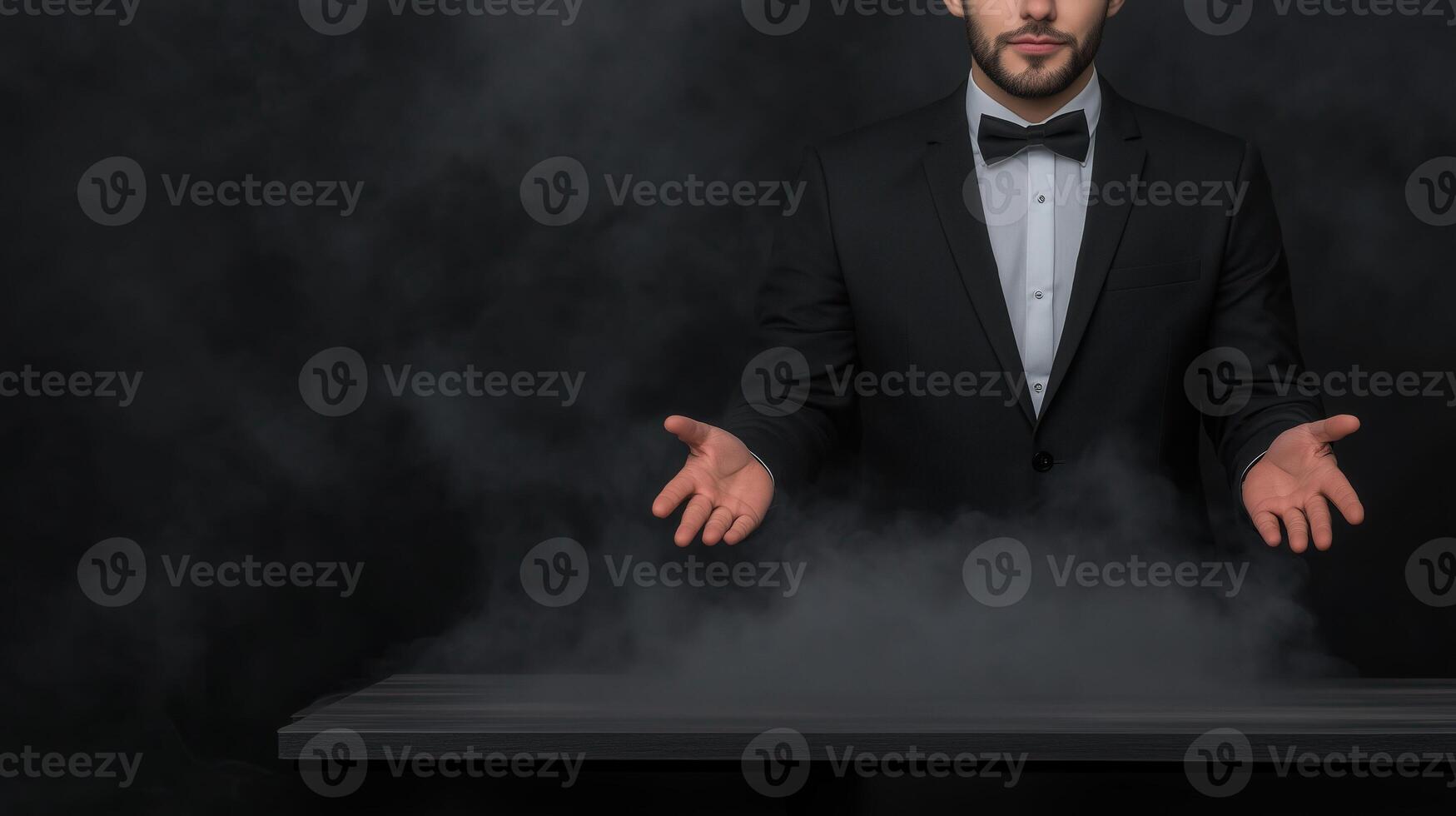 Mysterious Magician Performing Mind-Blowing Levitating Trick in Dark Elegant Suit with Bowtie, Creating Dramatic Smoky Atmosphere, Showcasing Magic Talent and Skillful Illusion Techniques photo