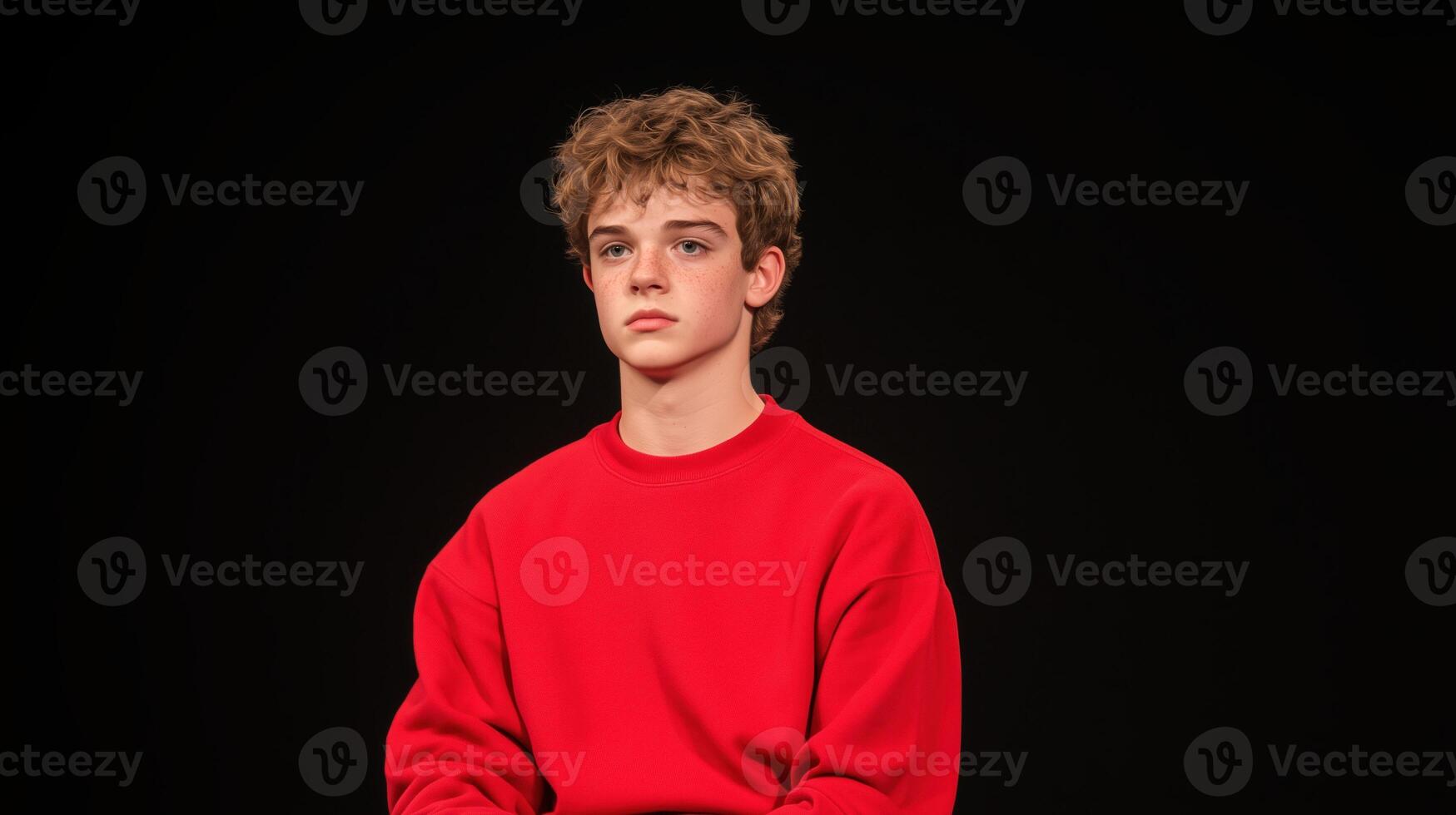 Studio portrait of a young boy wearing a red sweatshirt against a black background Minimalist composition emphasizing expression, simplicity, and contrast Concept for youth, fashion, and individuality photo