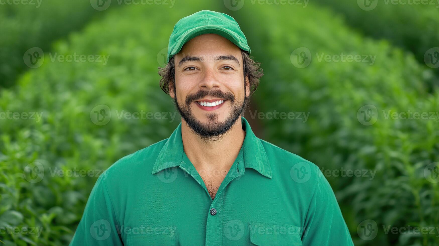 Smiling Agronomist at Organic Vaccinium Cesariense Plantation in Vibrant Green Farm Landscape with Healthy Crops and Sustainable Agricultural Practices in Countryside Setting photo