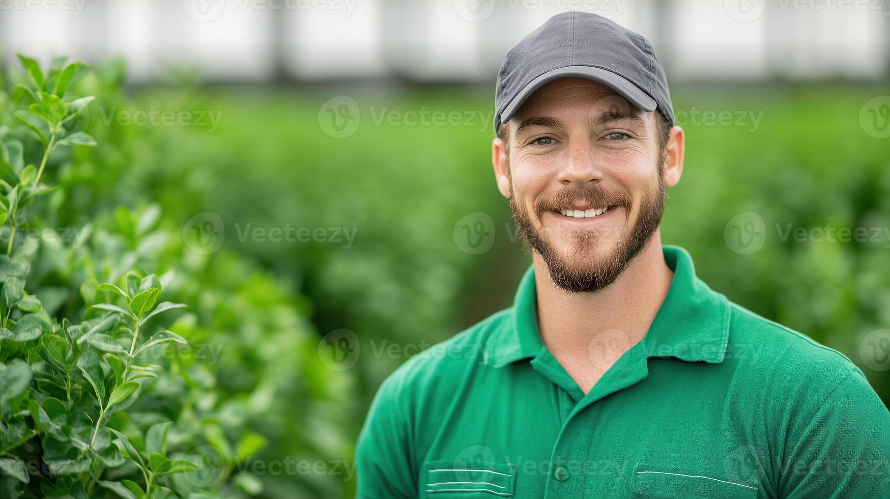Smiling male worker wearing a green uniform cap standing in a lush greenhouse Portrait emphasizing agriculture sustainability, and professional farming modern horticulture and eco friendly practices photo