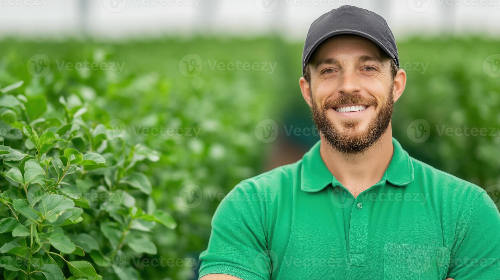 Smiling Agronomist in Green Polo with Vaccinium Caesariense at Lush Organic Plantation photo