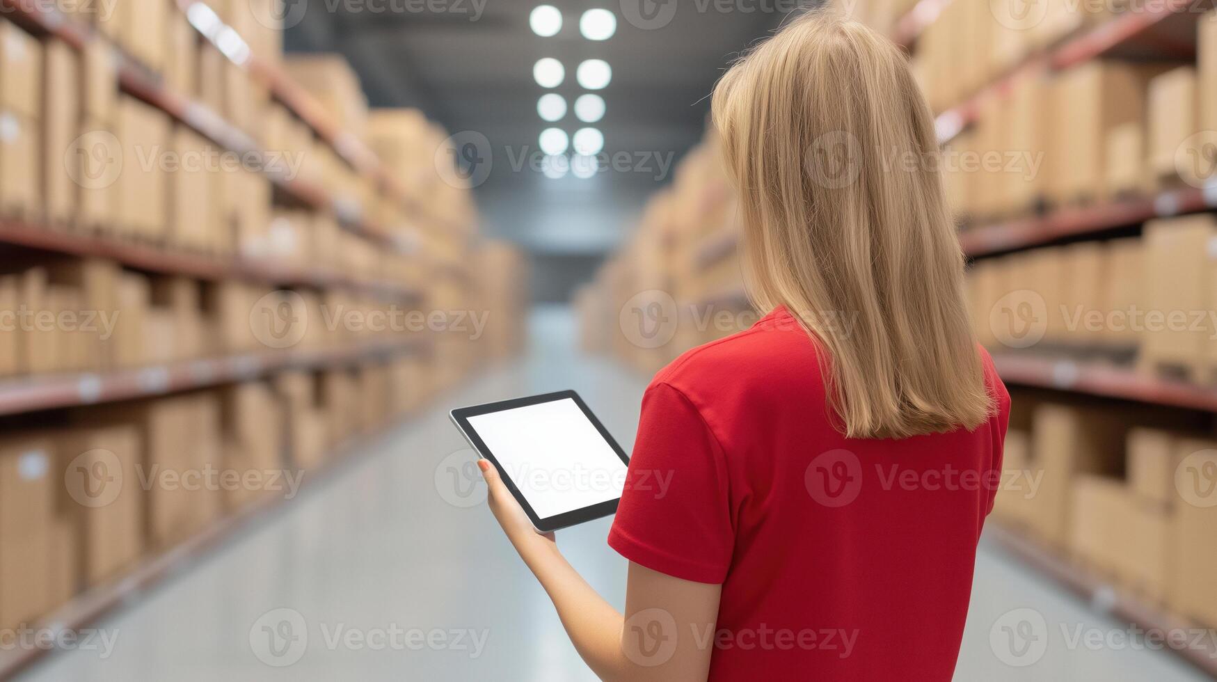 Woman Using Tablet for Inventory Management in Warehouse Aisle with Boxes and Shelves, Concept of Supply Chain Efficiency, Technology in Retail, Smooth Workflow, Back View photo