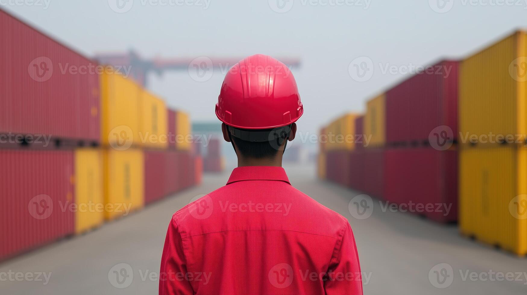 Worker Overseeing Operations at a Busy Container Port in Bright Red Safety Gear Amidst Vibrant Shipping Containers photo