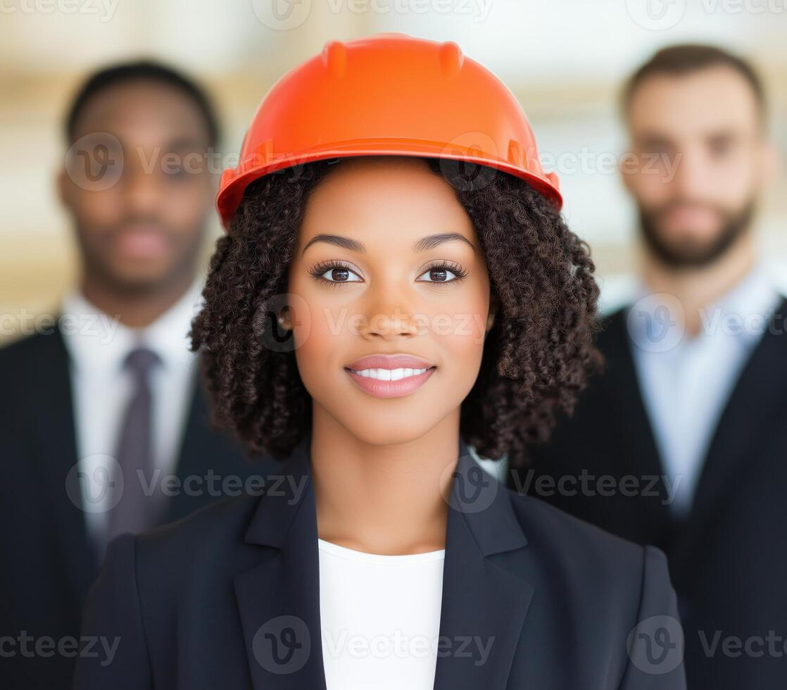 Young Professionals in Business Attire with Female Engineer in Focus Wearing Orange Hard Hat Showcasing Diversity and Confidence in Corporate Environment photo
