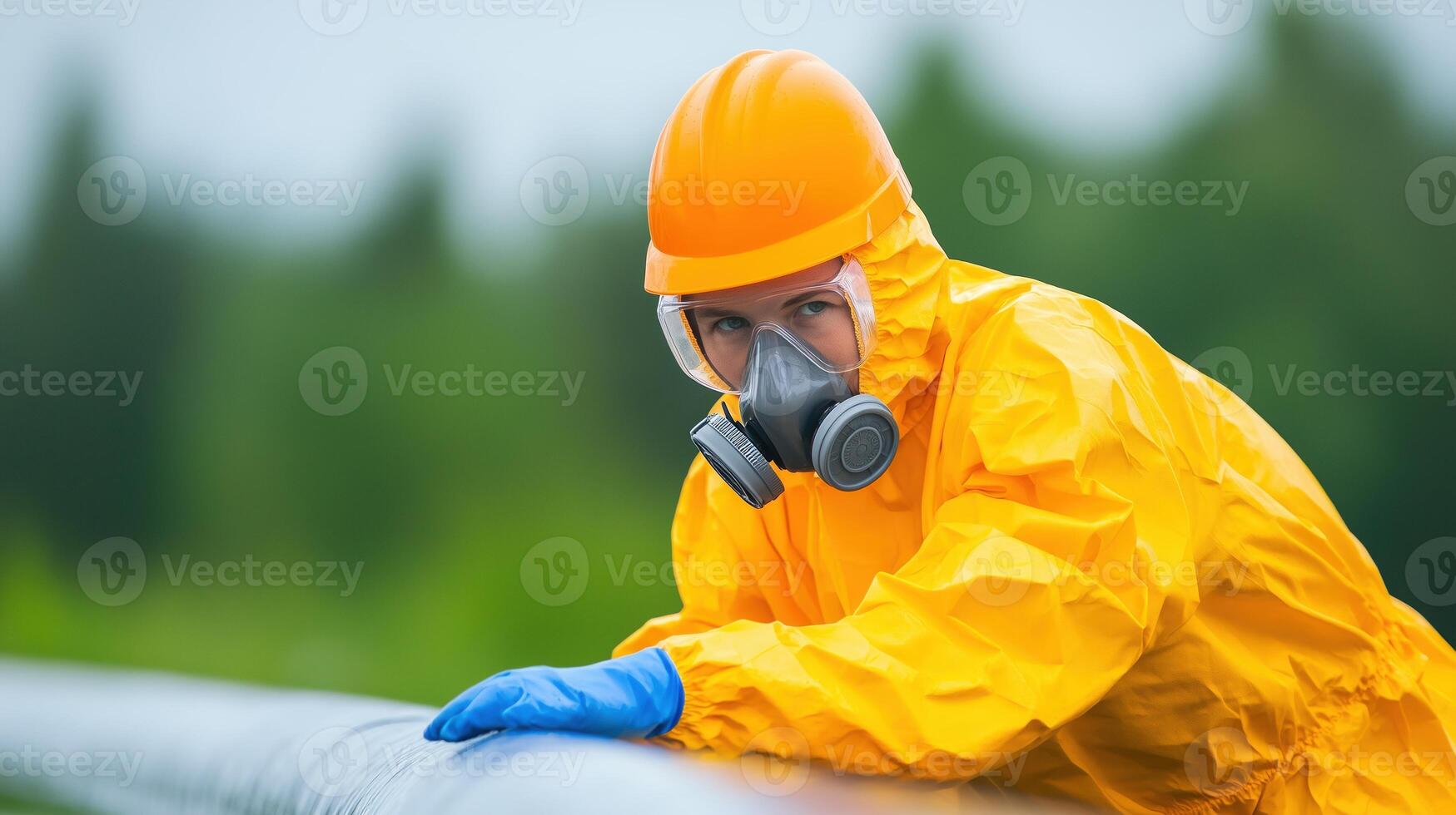 Environmental Engineer in Protective Gear Meticulously Inspecting Pipeline in Forested Area, Highlighting Safety, Compliance, and Eco-Friendly Practices in Industrial Engineering Workspaces photo