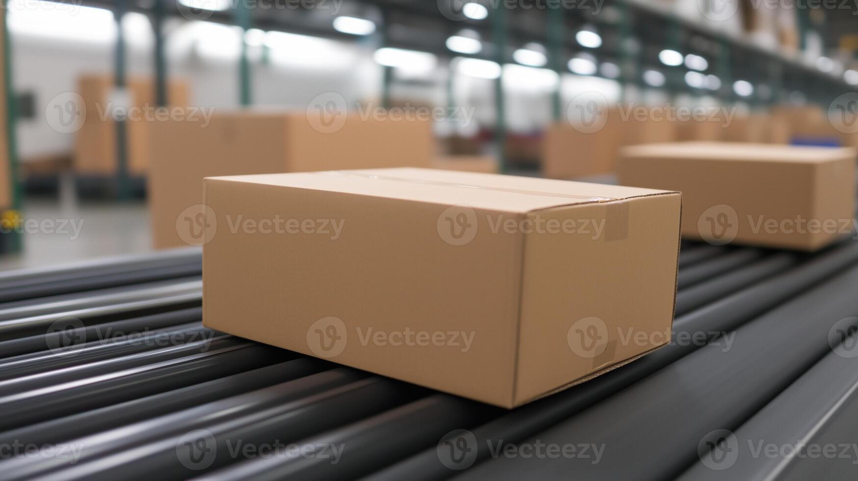 Cardboard Boxes on Conveyor Belt in Warehouse Setting Highlighting Logistics and Distribution Processes in Modern Industrial Environment With Focus on Packaging Efficiency and Supply Chain Dynamics photo