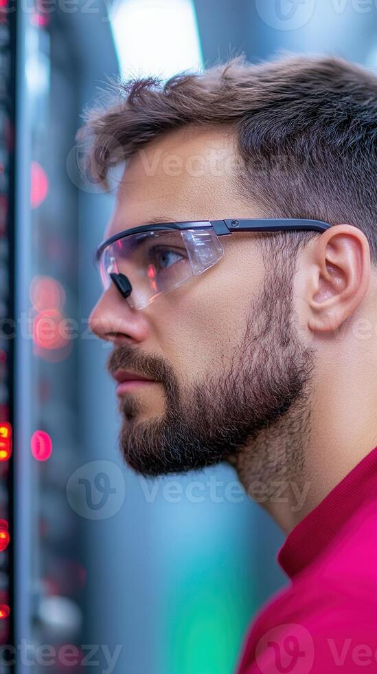 Computer Engineer Inspecting Motherboard with Tester in Data Center Environment Wearing Safety Glasses Reflecting Industry Precision and Focus on Technology and Circuitry photo