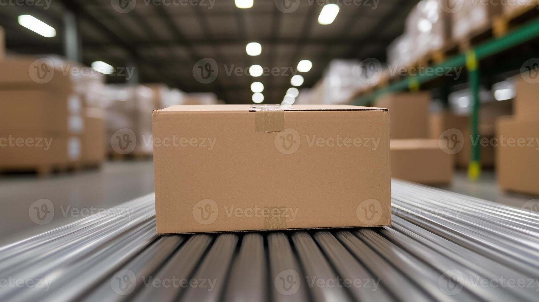 Cardboard Boxes on Conveyor Belt in Warehouse Illuminated by Fluorescent Lights with Motion Blur and Depth of Field Emphasizing Industrial Efficiency and Modern Logistics photo