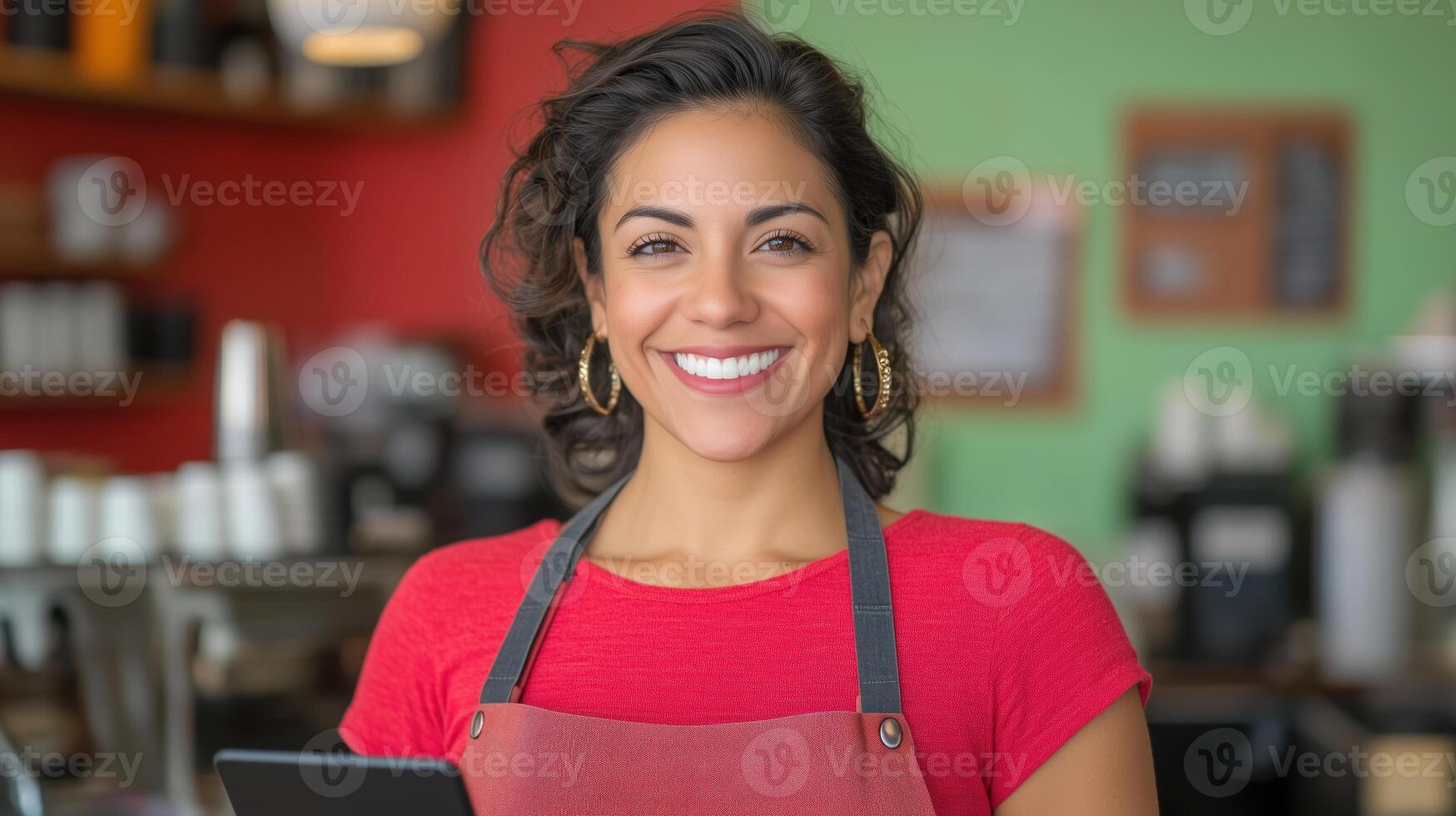 Cheerful Hispanic Woman Barista in Red Apron Using Digital Tablet in Cozy Coffee Shop Setting with Bright Decor and Professional Equipment in Background, Showcasing Modern Cafe Technology photo