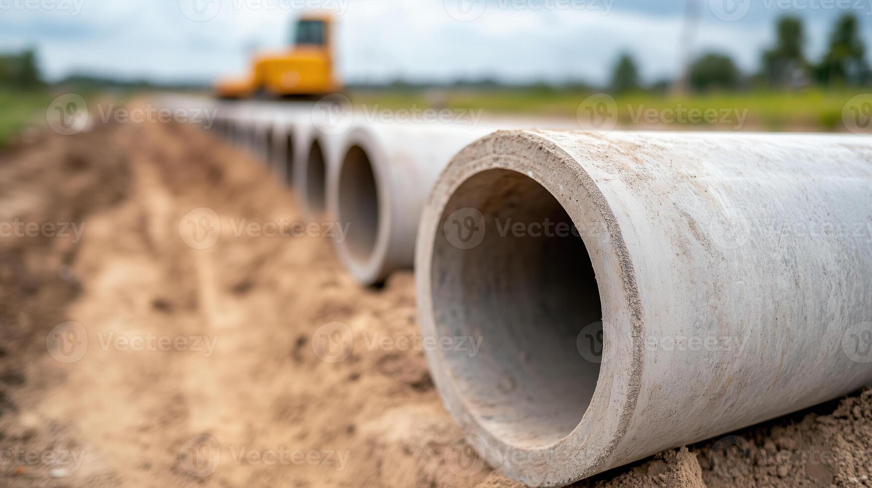 Concrete Pipes Installation Along Road for Infrastructure Development in Rural Area with Construction Machinery Visible in Background Under Cloudy Sky photo