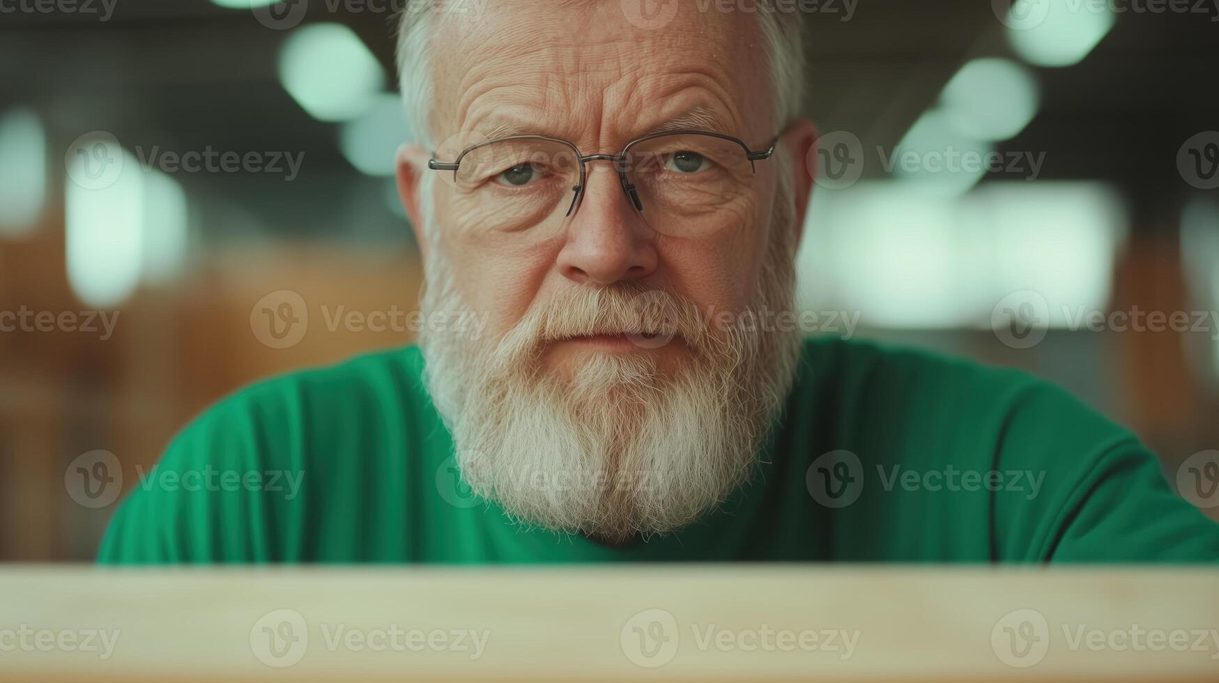 Elderly Craftsman Intently Carving Wood in Workshop Setting with Natural Lighting photo