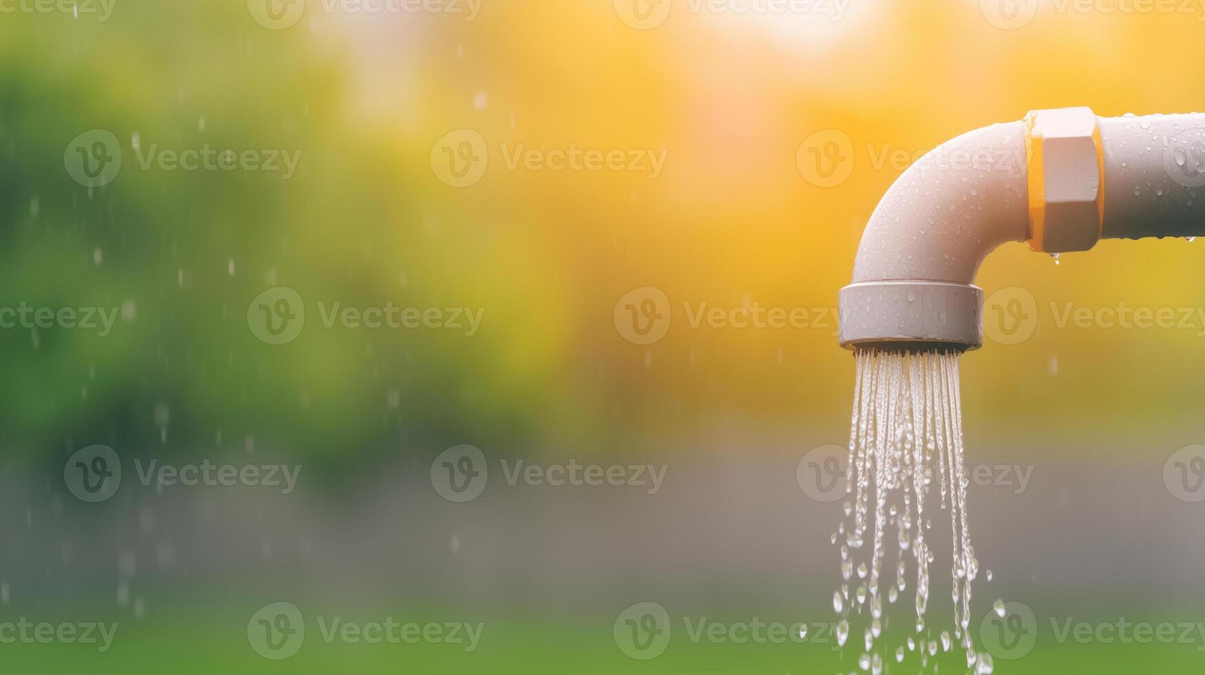 Home Water Damage Emergency Repair Scene with Broken Pipe Outdoors Releasing Water Against Blurred Nature Background During Sunset in Spring Day with Water Droplets and Green Grass View photo