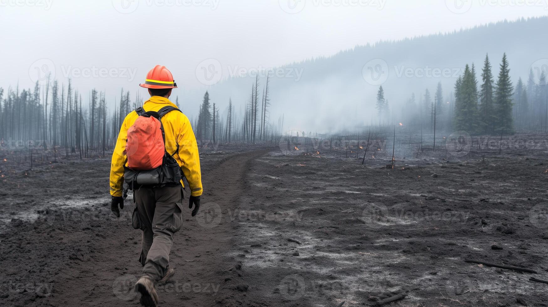 Firefighter Walking Through Burned Forest Landscape, Smoke in Background, Safety Gear, Charred Trees, Environmental Impact, Emergency Response, Wildfire Aftermath, Conservation Efforts photo