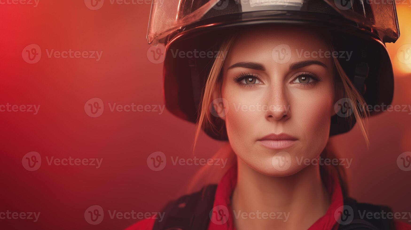 Strong Female Firefighter in Uniform With Helmet in Dramatic Red Light Portrait Highlighting Strength and Heroism photo