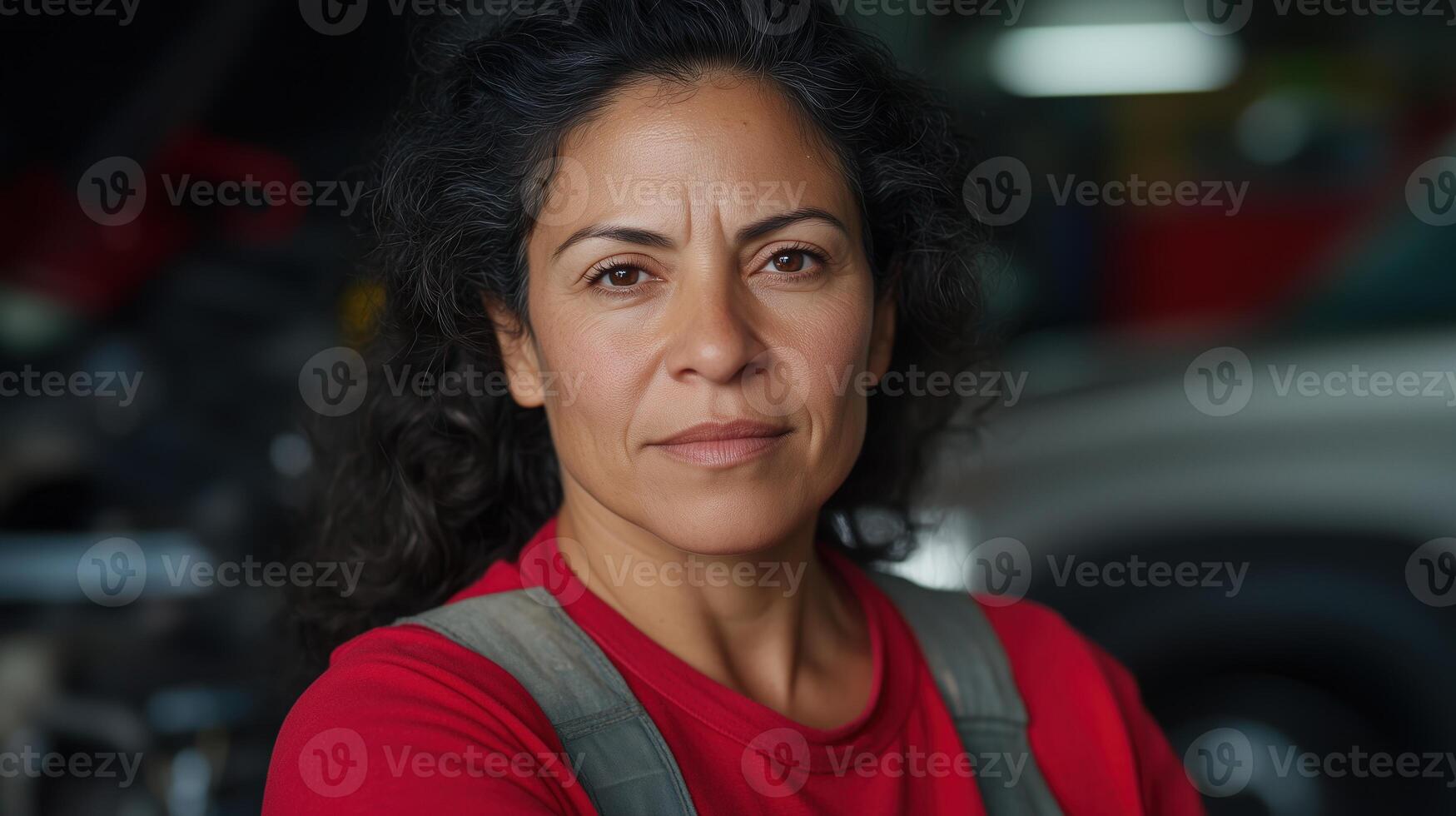 Female Mechanic in Workshop Wearing Red Shirt and Overalls, Focusing on Automotive Repair, Confident Expression, Hispanic Descent, Professional Environment, Black Hair, Indoor Setting, Natural Light photo