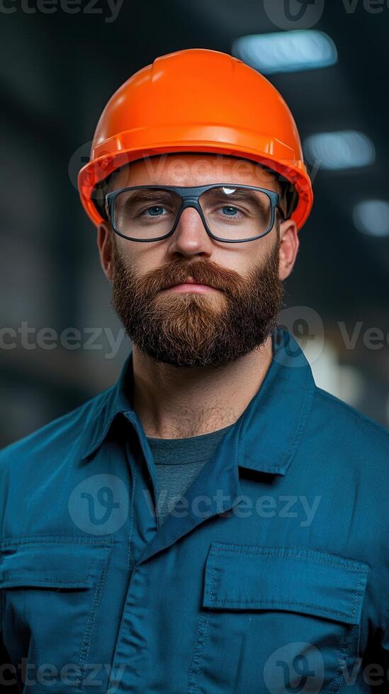 Bearded man wearing safety glasses and orange hard hat in a blue uniform. Industrial setting with blurred background. Portrait photography for workplace safety and construction concept photo