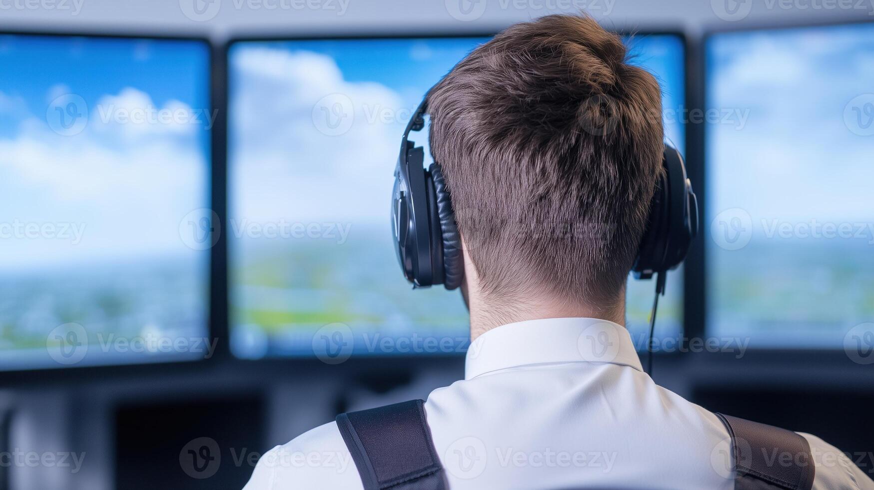 Pilot Using Advanced Flight Simulator with Three Screens and Headset in Modern Technology Training Environment photo