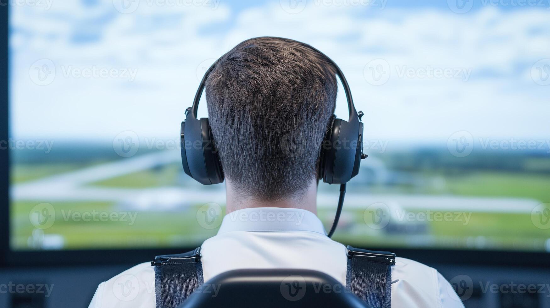 Pilot in Advanced Flight Simulator with Multiple Screens for Training in Aviation Technology and Safety Skills Development photo