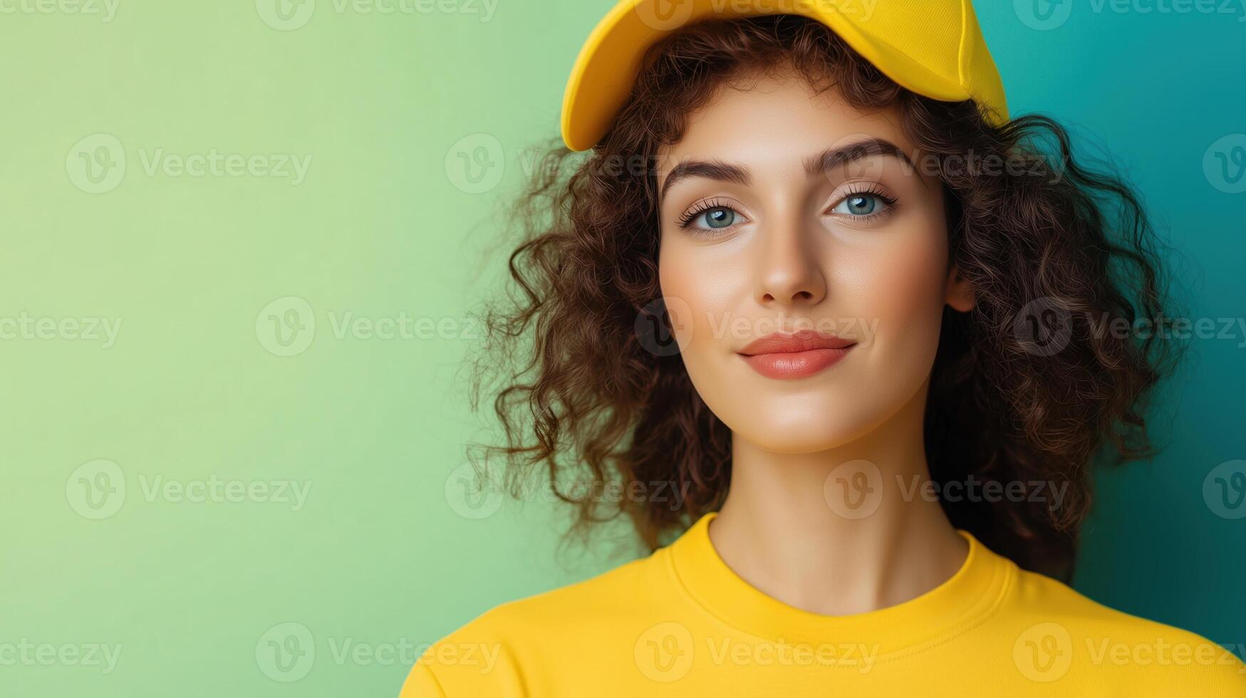Vibrant Portrait of a Young Woman in Yellow Attire and Cap with Retro Futurism Influence and Green-Blue Gradient Background photo