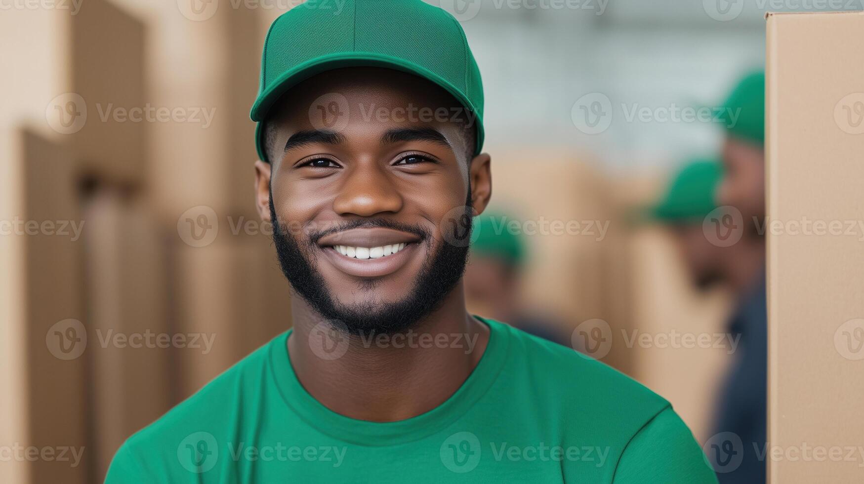 Smiling Worker in Green Uniform Holding Box in Warehouse Setting Focusing on Teamwork and Logistics photo
