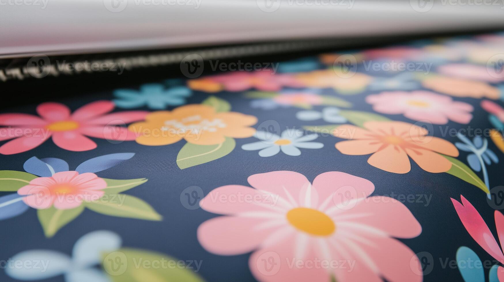 Sublimation Printers Printing Vibrant Floral Patterns on Dark Fabric for Decorative Design and Fashion Applications photo