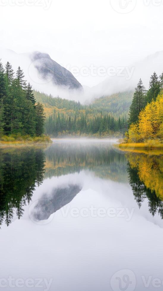 Serene Misty Morning Lake with Mountain Reflections Surrounded by Lush Forest and Autumn Colors in Peaceful Landscape Photography photo