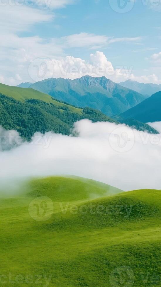 Lush Green Hills and Misty Clouds with Majestic Mountain Background in Summer Time Lapse Nature Landscape Photography for Serene Concept photo