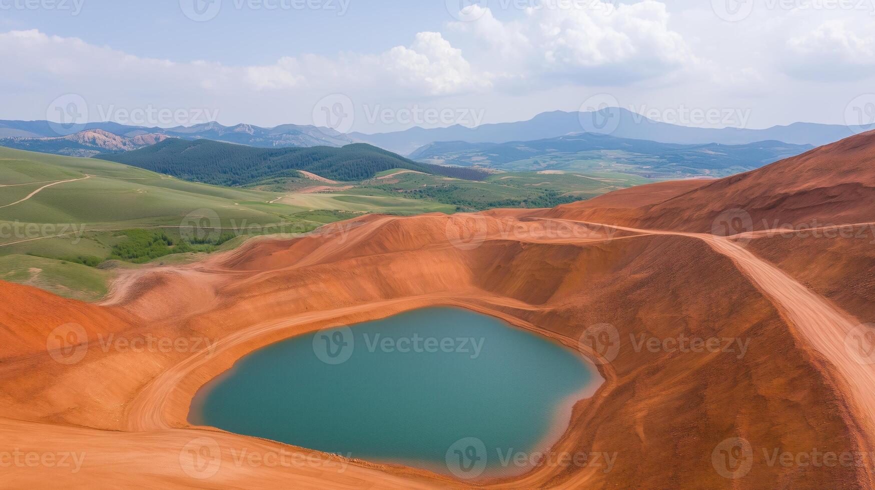 Aerial View of Vibrant Red Riotinto Mines and Turquoise Pool in Spain with Scenic Mountainous Background and Cloudy Sky photo
