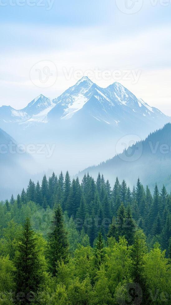 Majestic Snowcapped Mountain Peaks Overlooking Verdant Forest Landscape with Misty Horizon in Serene Nature Setting photo