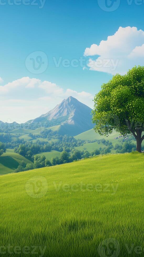 Lush Green Hills Under Clear Blue Sky With Single Tree, Ideal For VR Game Backdrops, Featuring A Mountain And-Fluffy Clouds In A Serene Landscape, Evoking Tranquility And Endless Possibilities photo