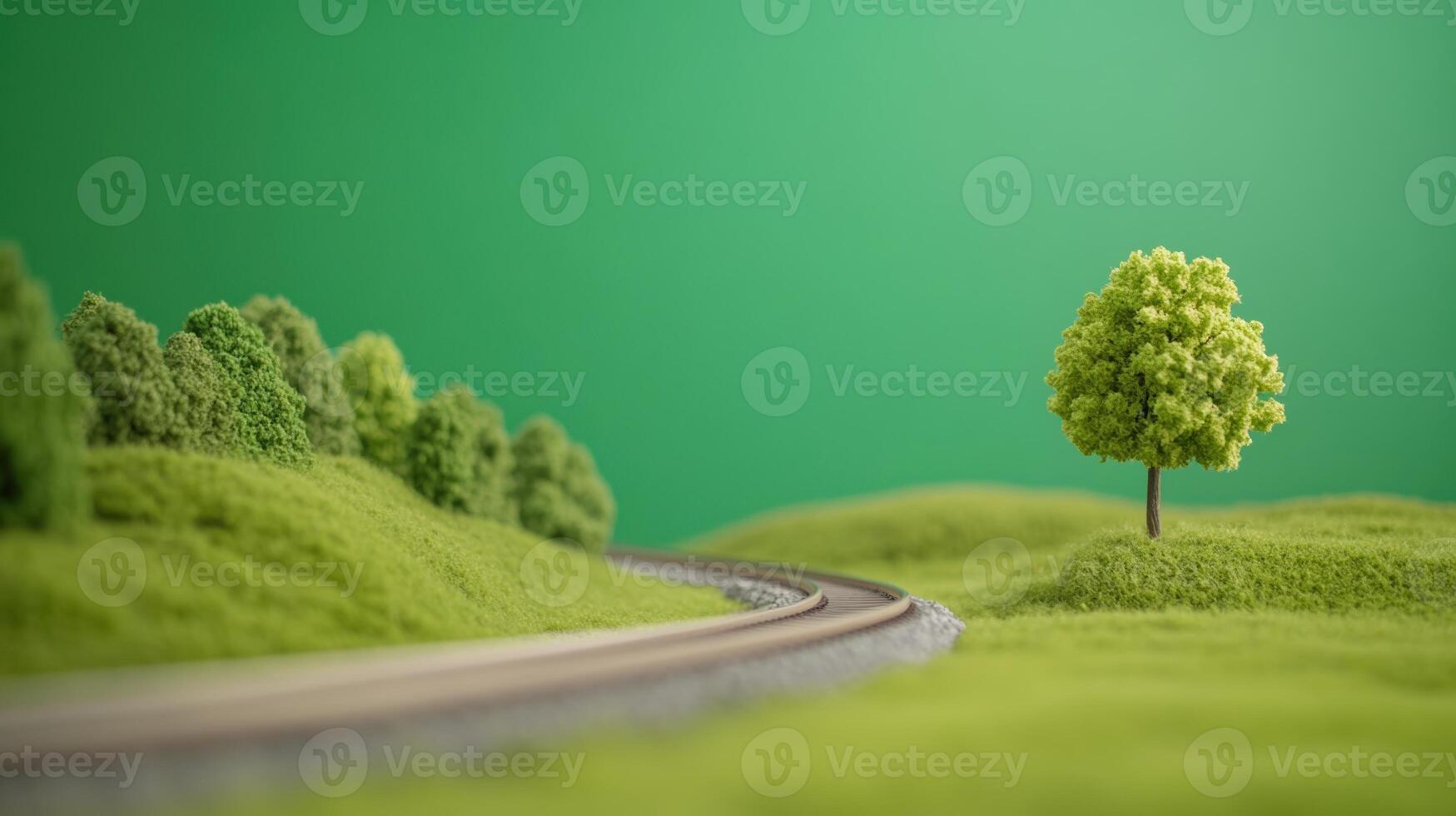 Miniature Model Train Scene on Green Screen Background with Scenic Landscape Featuring Tracks and Lush Greenery for Creative Design and Marketing Projects in Photography and Videography photo