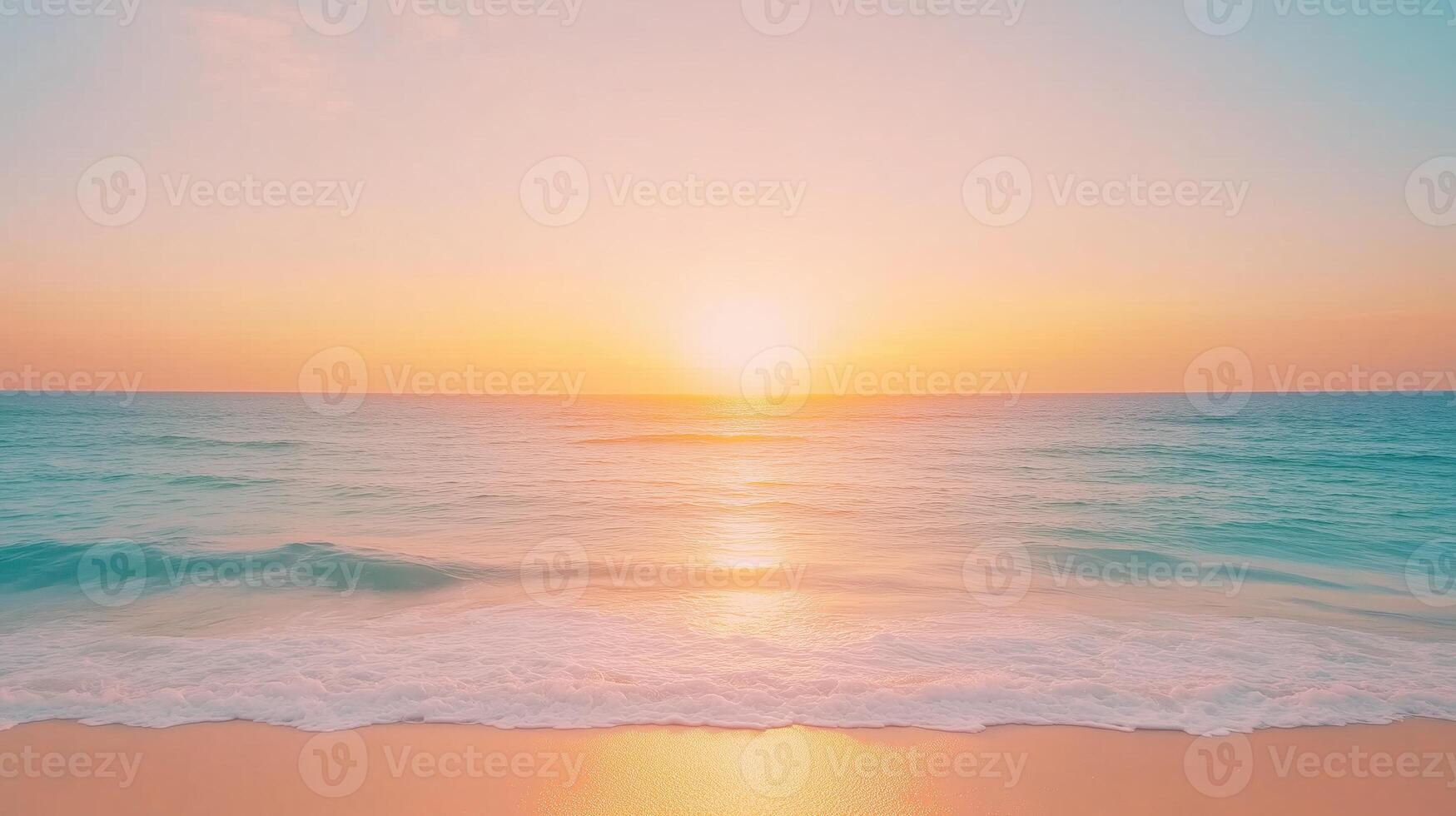 Beautiful Magical Sunset on the Beach with Vibrant Colors in the Sky Meeting Tranquil Ocean Waves Gently Lapping the Shoreline, Capturing the Serenity and Beauty of a Coastal Evening Moment photo