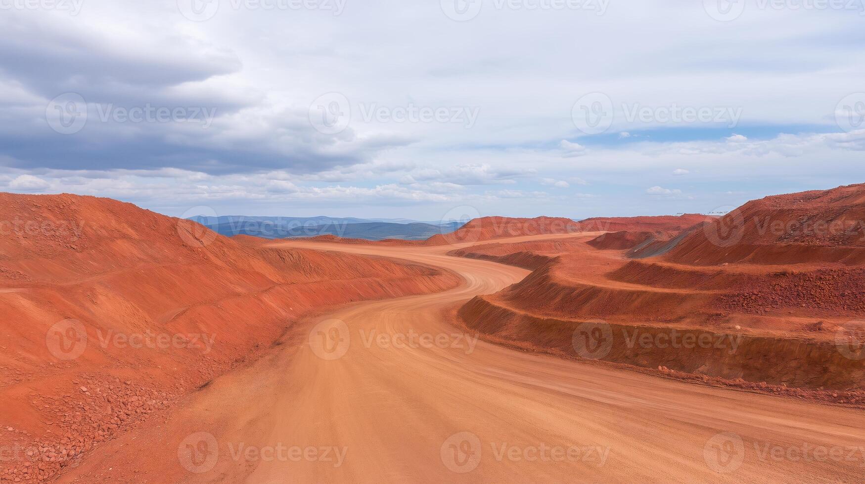 Martian-Like Landscape of Riotinto Mines Evoking Planetary Mystery and Abstract Earthly Terrain Under Expansive Sky with Rugged Red Hills and Dramatic Rocky Scenic Curvature in Natural Light photo
