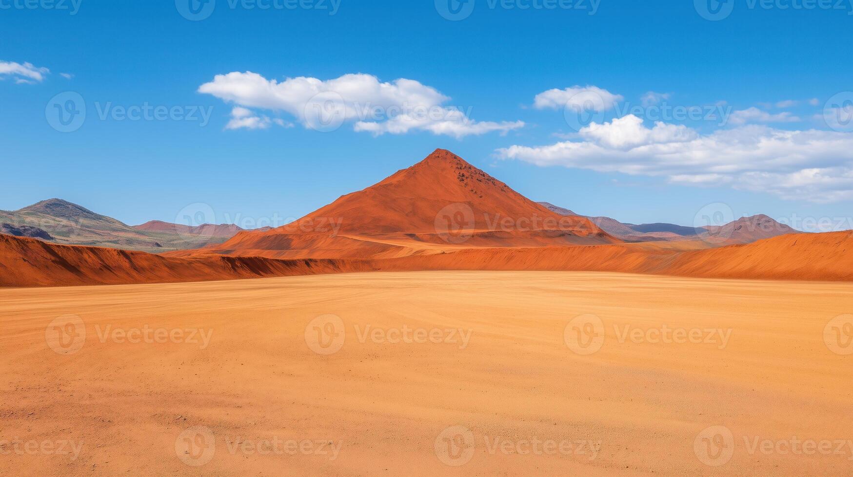 Mars-Like Landscape of Riotinto Mines with Red Terrain and Clear Sky in Arid Desert Environment Under Bright Blue Sky with Fluffy White Clouds Capturing Unique Geological Features photo