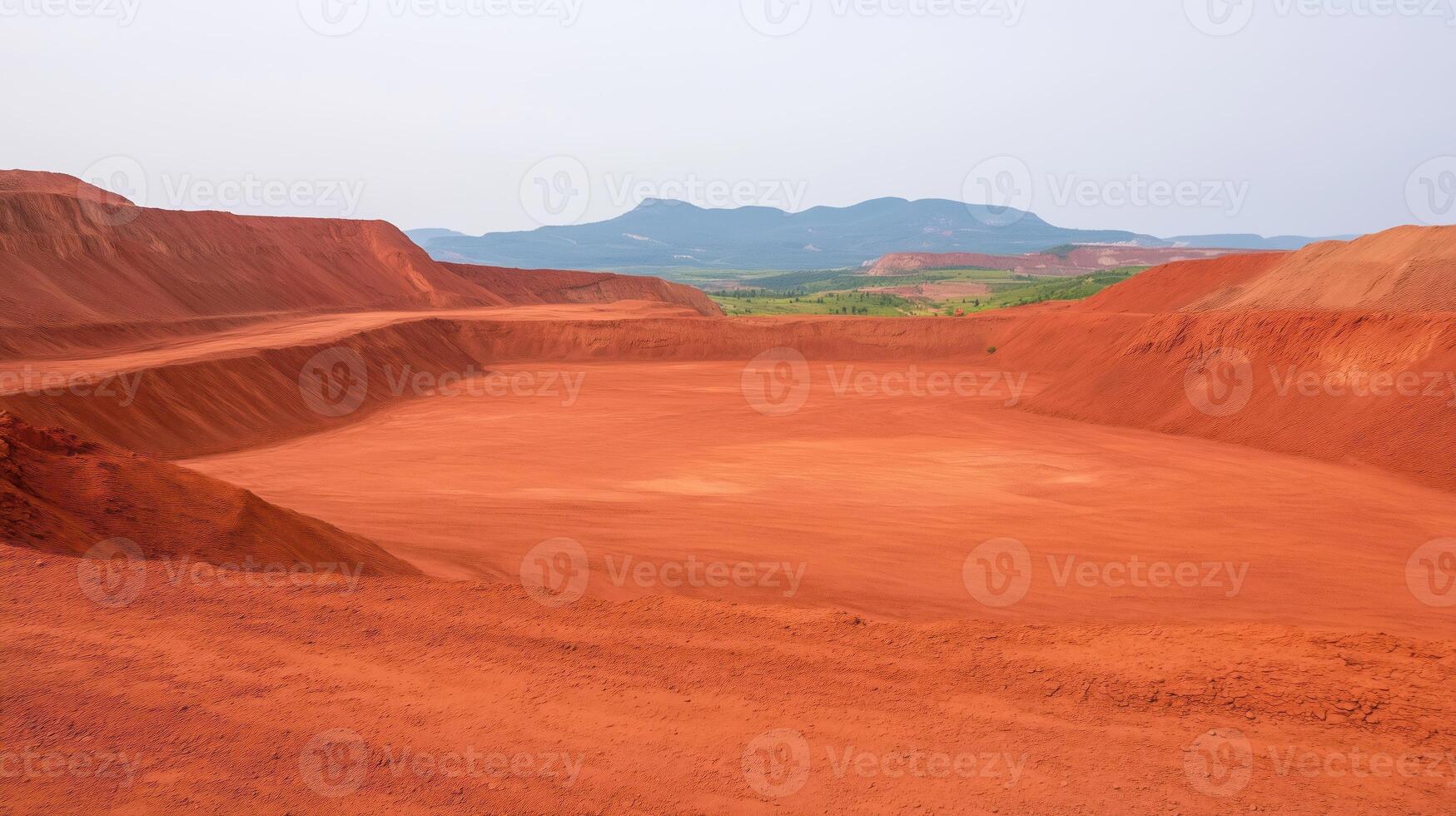Martian Landscape at Riotinto Mines with Rugged Red Terrain and Distant Hills Captured in AR 169 Style Highlighting Mars-like Atmosphere and Unique Geological Formations in Stark Contrast photo