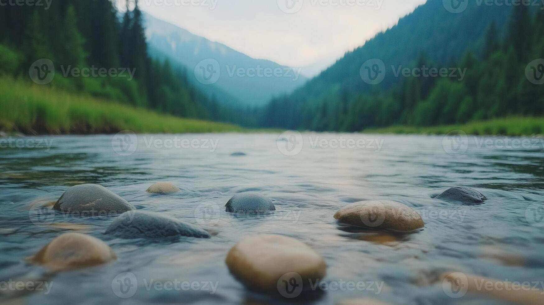 Mountain River Flowing between Rocky Shores in Carpathian Landscape with Forests and Distant Hills Captured in Tranquil Light for Nature Photography and Outdoor Enthusiasts Seeking Adventure photo
