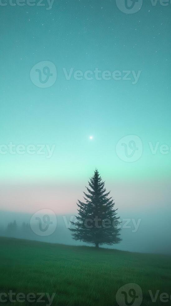 Mystical Green Auroras Illuminate Night Sky With Lone Tree in Misty Landscape, Captivating Natural Beauty and Tranquil Scenery Perfect for Nature Enthusiasts Seeking Peaceful Inspiration photo