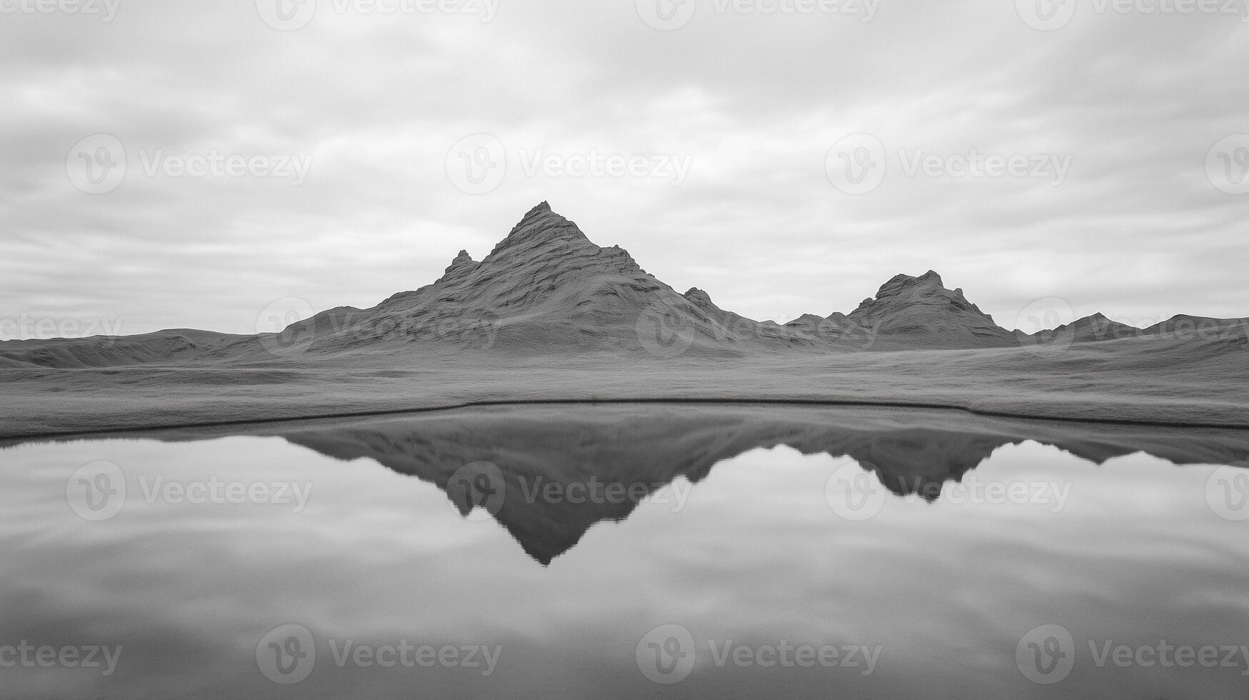 Perfect Reflection of Dramatic Badlands Ridges Under Overcast Sky in Tranquil Landscape with Mirror-Like Water and Majestic Mountainous Silhouettes, Showcasing Natural Beauty and Serene Calm photo