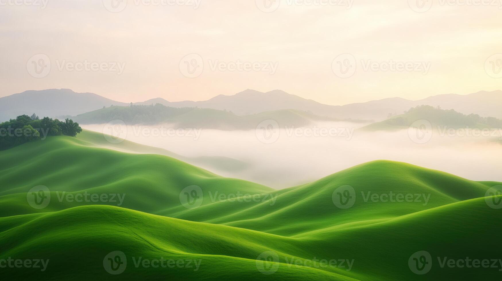 Serene Landscape of Rolling Hills Covered in Morning Mist with Lush Greenery and Tranquil Atmosphere at Sunrise, Emphasizing Natural Beauty and Calming Nature Scene for Inspirational Design photo