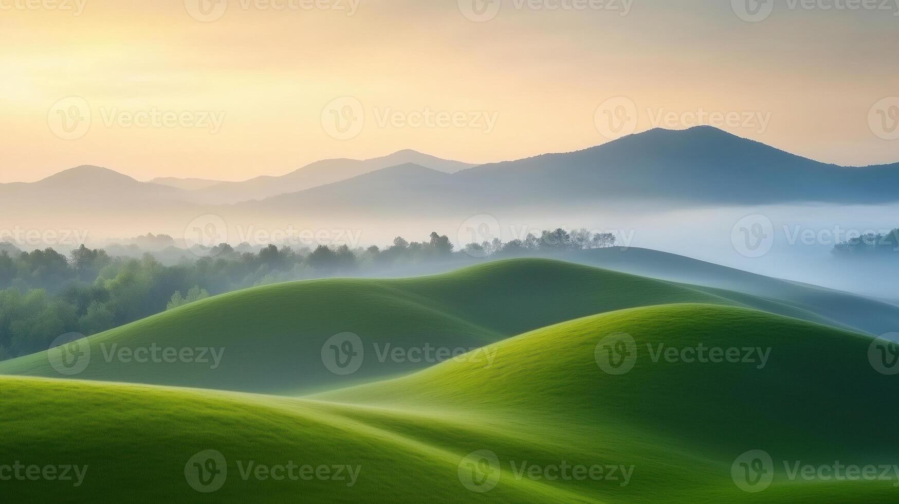 Serene Landscape of Rolling Hills Covered in Morning Mist Under Soft Sunrise Sky, Lush Greenery and Tranquil Atmosphere Depicting Peaceful Nature Scene in a Dreamy Environment for Relaxation photo