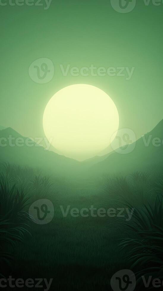Sunlit Valley Transitioning Into Nocturnal Forest Scene with Neon Glow at Dusk Featuring Lush Green Foliage and Enchanting Light Play in Serene Landscape Capturing Day to Night Transformation photo