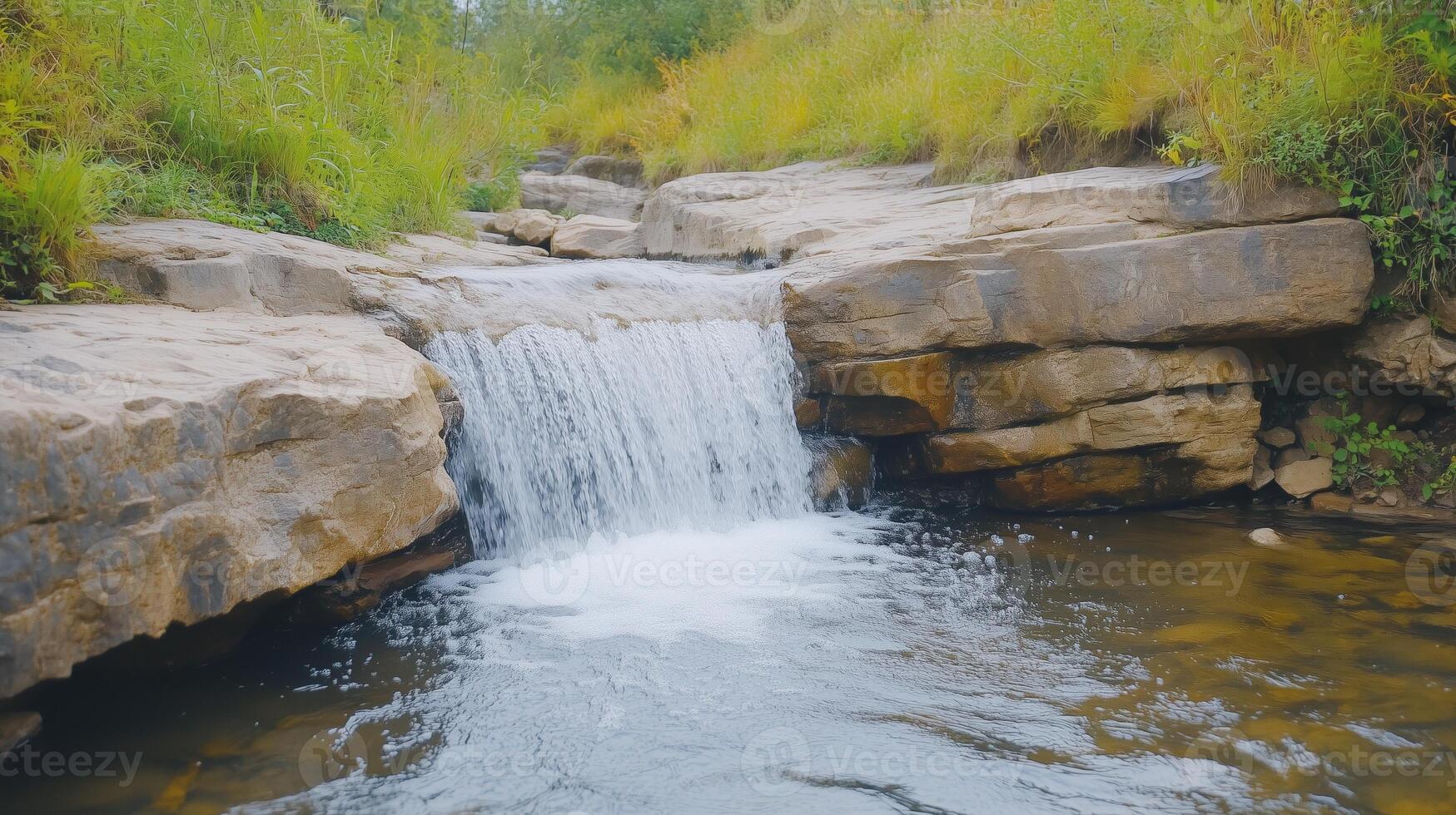 Tranquil Autumn Waterfall Flowing Over Rocks in Forest Setting Capturing Serenity and Natural Beauty in Extended Lush Landscape photo