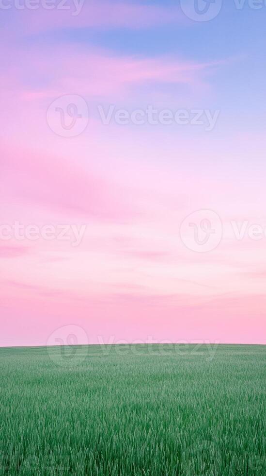 Serene Sunset Over Verdant Meadow with Pink and Blue Sky, Capturing Natural Beauty and Tranquility in Raw Style, Perfect for Landscape and Nature Themes photo