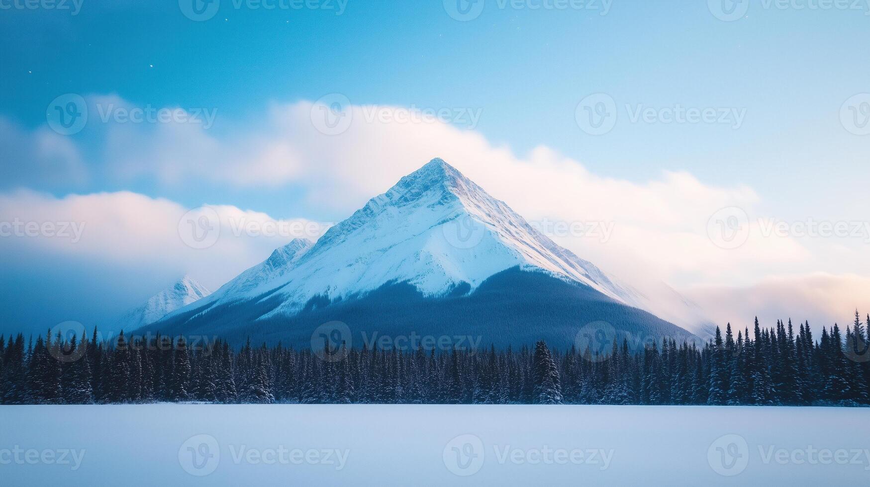 Snow Capped Mountain Under Starry Night Sky with Forest Silhouette Showcasing Winter Serenity and Cosmic Beauty in Tranquil Landscape with Clear Skies and Majestic Peaks for Nature Enthusiasts photo