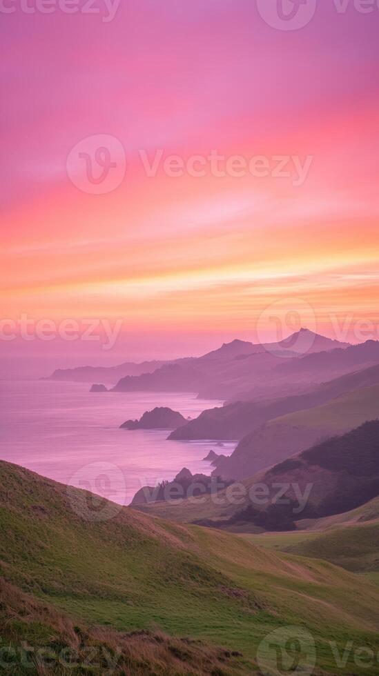 Majestic Timelapse of Vibrant Orange Sunrise Over Coastal Cliffs and Calm Ocean Seen from Elevated View in Serene Morning Atmosphere with Layers of Rolling Hills Under Colorful Sky photo